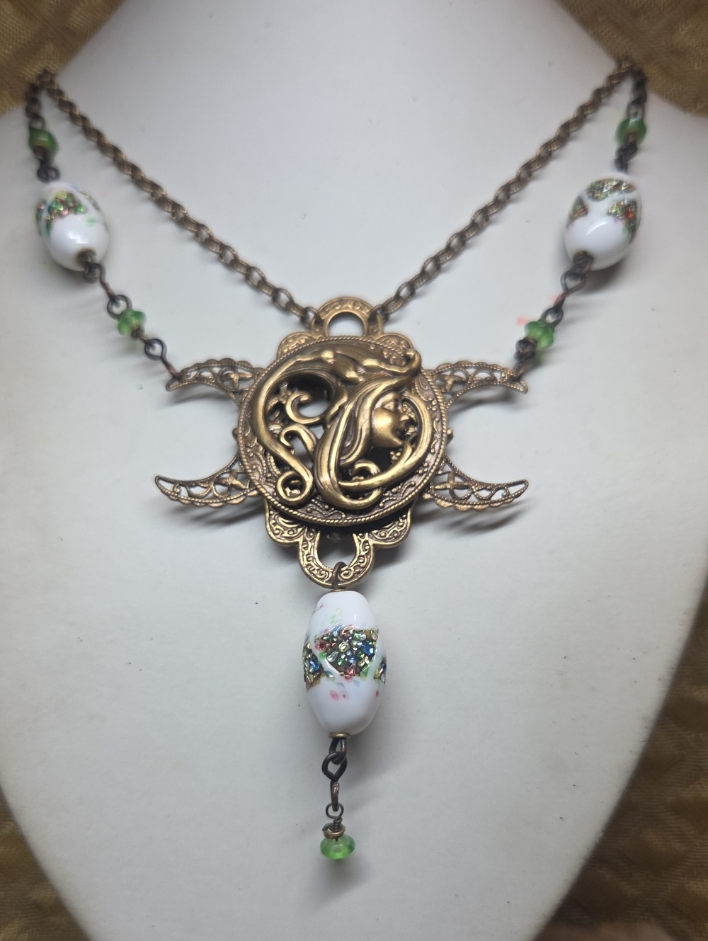 Tripple Moon Art Nouveau And Antique Art Glass Woman Pendant Necklace